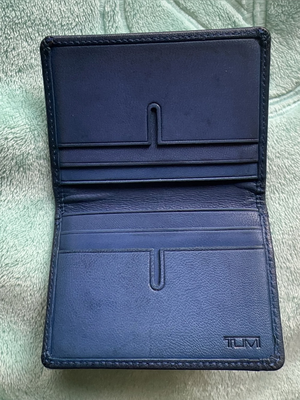 Tumi Navy Leather Bifold Card Holder Wallet